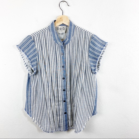 Sea New York Tops - Sea New York Striped Cropped Back Button Up Top